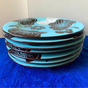 Laurie Gates Turquoise And Brown Flower Design Salad Plates set of 7